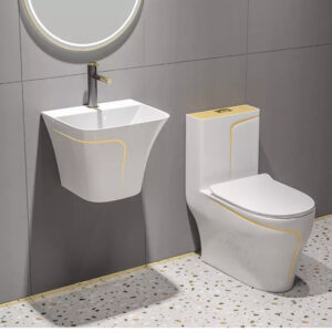 Gold and White Luxury WC with Matching Wall-Hung Basin