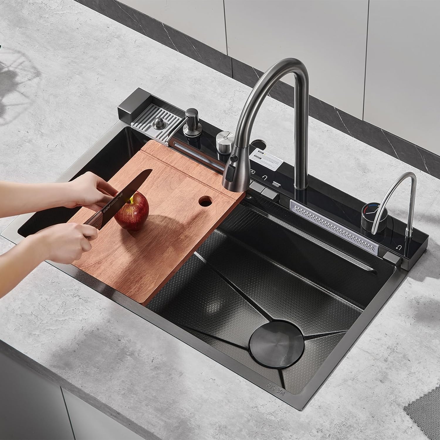 Black Smart Multifunctional Sink 304 Stainless Steel With Integrated Faucet, 75*45cm luxury kitchen sink - Image 2